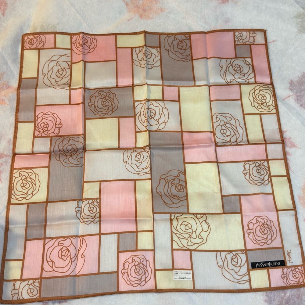 Yves Saint Laurent Pink and Cream Rose Pattern Scarf handkerchief cotton